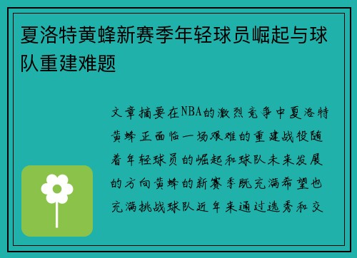 夏洛特黄蜂新赛季年轻球员崛起与球队重建难题